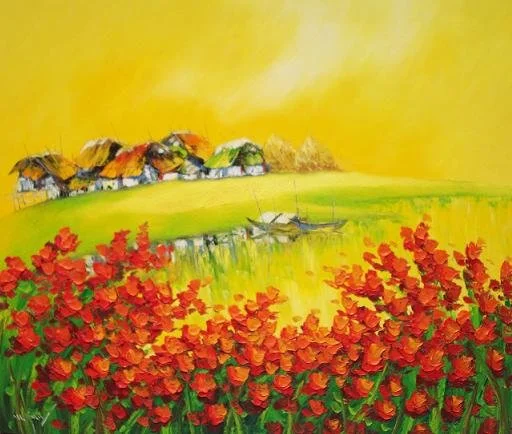Colorful painting of a village with houses and thatched roofs, a bright yellow sky, a field with red flowers in the foreground, and a body of water with boats.