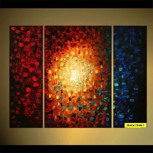 Triptych abstract painting with a color gradient from red on the left, to yellow in the center, and blue on the right, composed of small, textured square and circular brushstrokes.