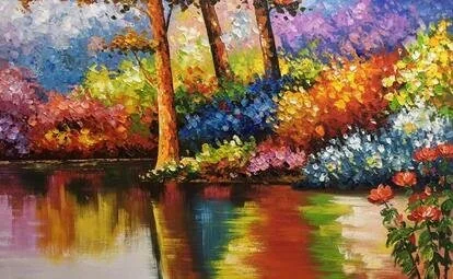 Colorful painting of a lakeside landscape with trees and vibrant foliage reflected in the water.
