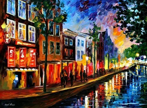 A colorful cityscape painting of a street beside a canal with buildings, trees, and people walking at sunset.