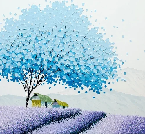Painting of a blue-leaved tree near two small houses in a lavender field with mountains in the background.