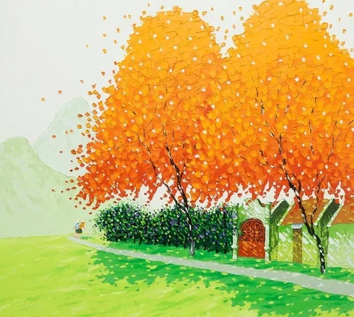 A watercolor painting of two orange trees with fall foliage beside a small pathway, near a green field, a bush, and a small red gate.