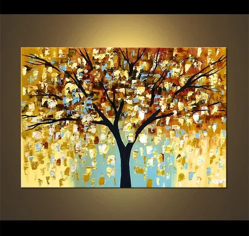 Abstract painting of a tree with colorful leaves, featuring gold, yellow, orange, and blue hues.