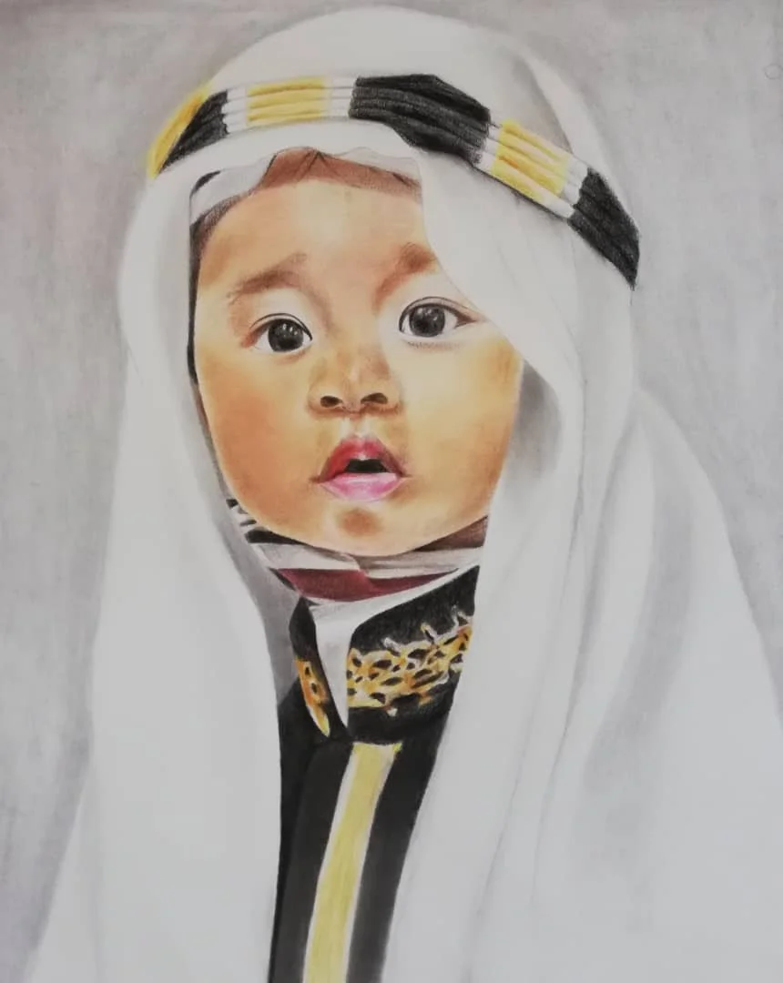 A woman dressed as a traditional Middle Eastern figure with a baby's face, featuring large eyes and a surprised expression, with the baby’s face seamlessly integrated onto her head.