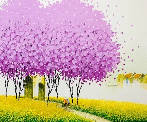 Pink cherry blossom trees with purple-pink petals over a yellow field, near a river with small yellow houses in the background.