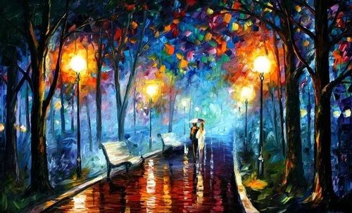 Impressionist painting of a park at night with lit street lamps, benches, trees, and a person holding an umbrella walking along a wet path.