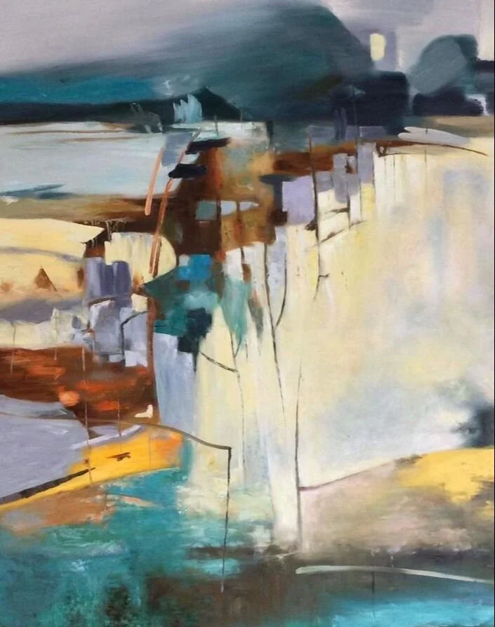 Abstract painting with brushstrokes in shades of blue, brown, yellow, and white.