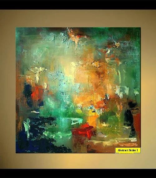 Abstract painting with green, blue, orange, yellow, and red hues.
