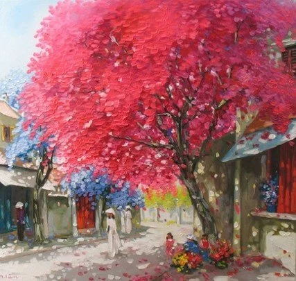 Painting of a street scene with a large pink flowering tree, a smaller blue flowering tree, and people walking near houses.