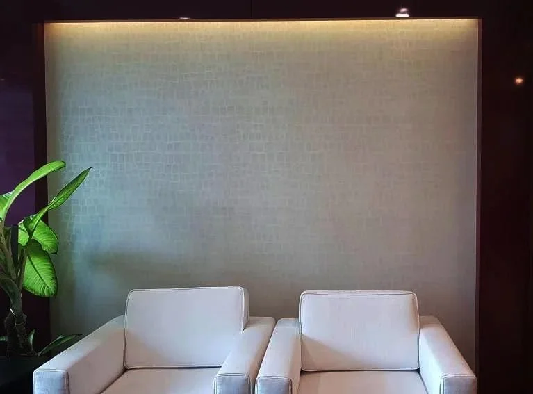 A minimalistic interior with two white sofas, a green potted plant on the left, and a textured beige wall with indirect lighting at the top.