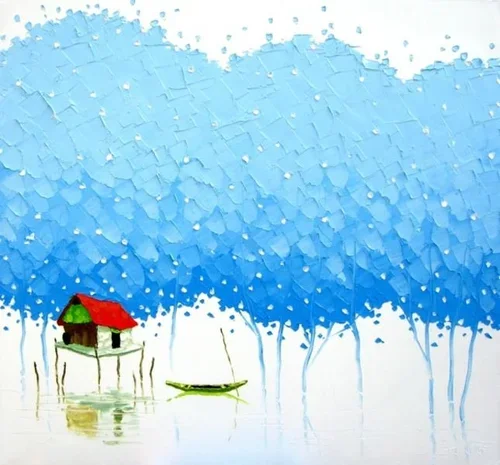 Painting of a small house on stilts, with a red roof and green walls, and a boat on water beneath a large blue abstract tree canopy.