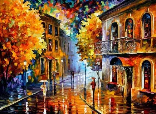 Vibrant city street scene painted in an impressionistic style, with colorful buildings, trees with autumn leaves, and a rainy pavement reflecting the city lights.