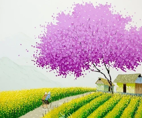 A vibrant painting of a rural landscape featuring a large pink blossoming tree, yellow crop fields, a winding path with a person riding a bicycle, and small houses with thatched roofs, with mountains in the background.