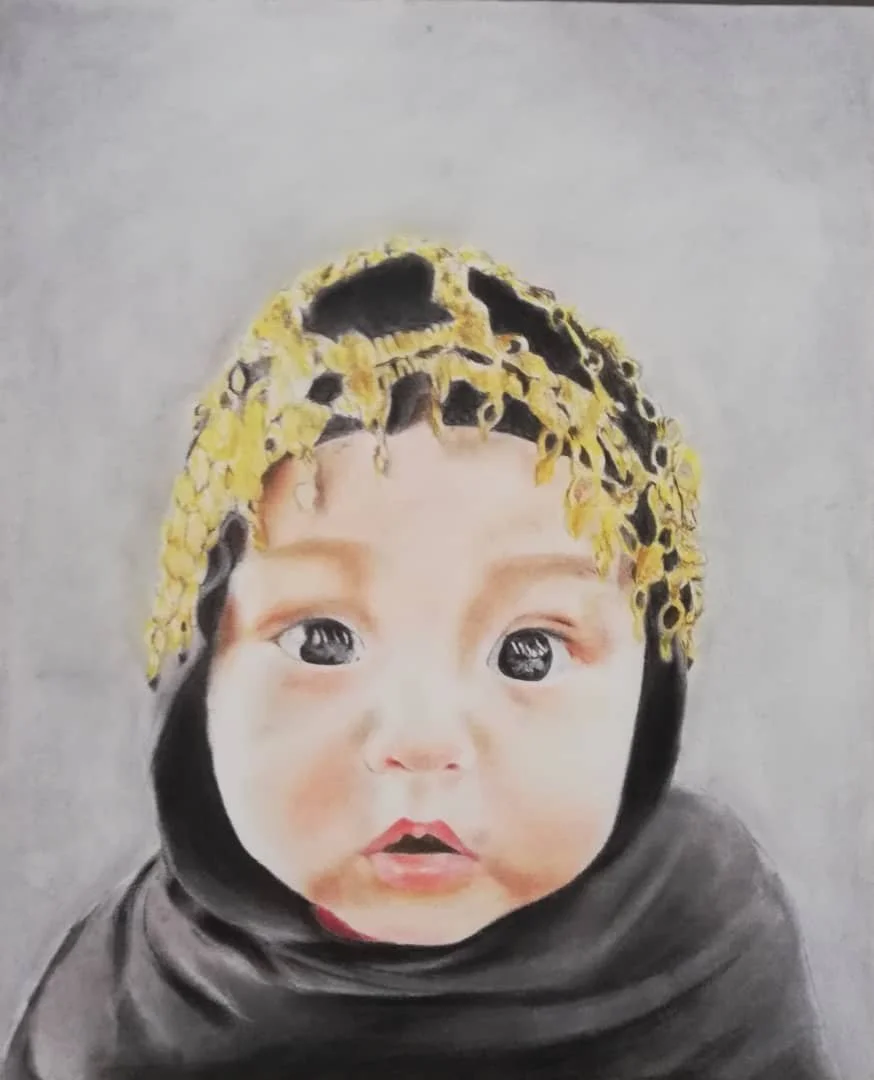 A realistic portrait of a young child with large, dark eyes, wearing a black hooded jacket and a yellow hat decorated with small yellow flowers.