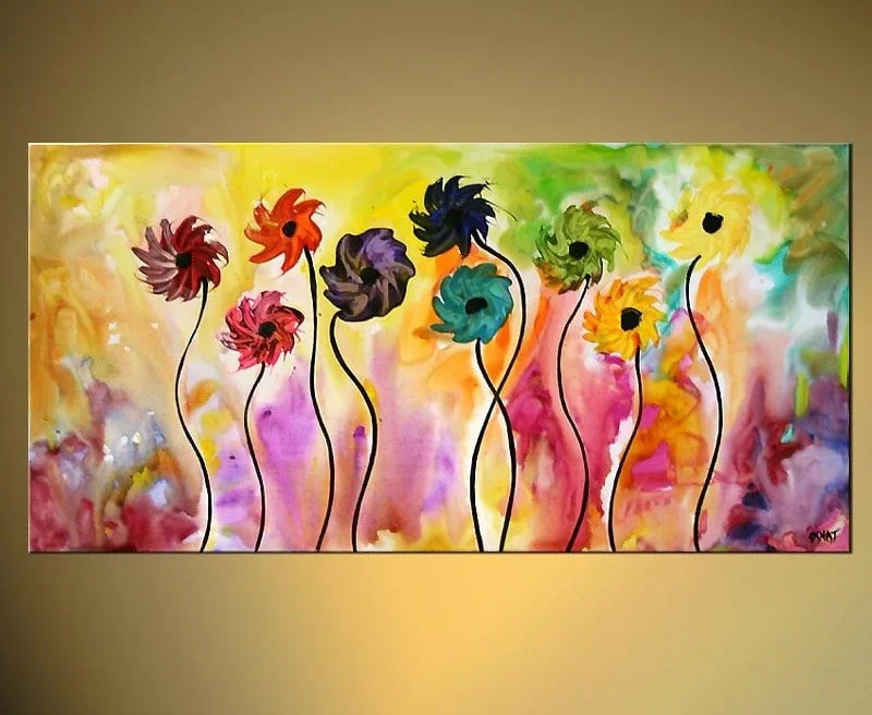 Abstract painting featuring stylized multicolored flowers with long, wavy stems on a vibrant, multicolored background.