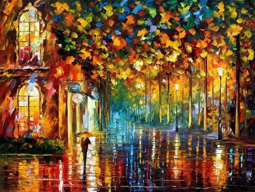 A colorful impressionist painting of a rainy street scene with a person holding an umbrella, reflecting wet pavement, vibrant trees with fall foliage, and buildings with large windows.