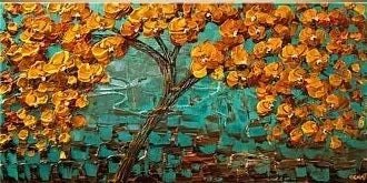 Painting of a tree with orange leaves and a blue background.