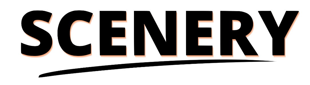 The word 'SCENERY' in bold black letters with peach-colored outlines, on a black background, with a curved underline beneath the word.