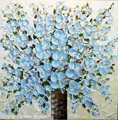 A painting of a bouquet of blue hydrangea flowers in a dark vase.