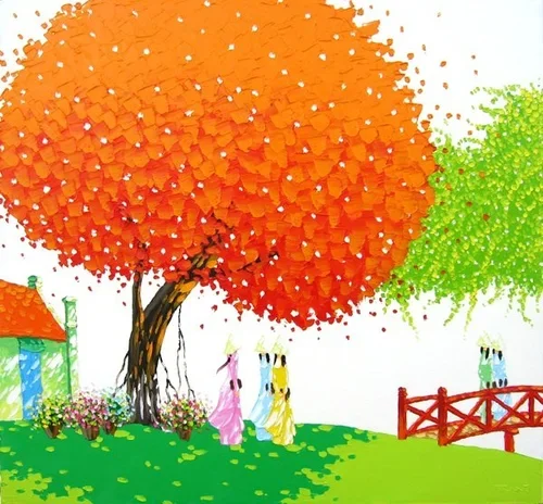 Colorful illustration of a park scene with a large orange tree, a green tree, a small house with a red roof, a red wooden bridge, and people in pastel clothing walking.