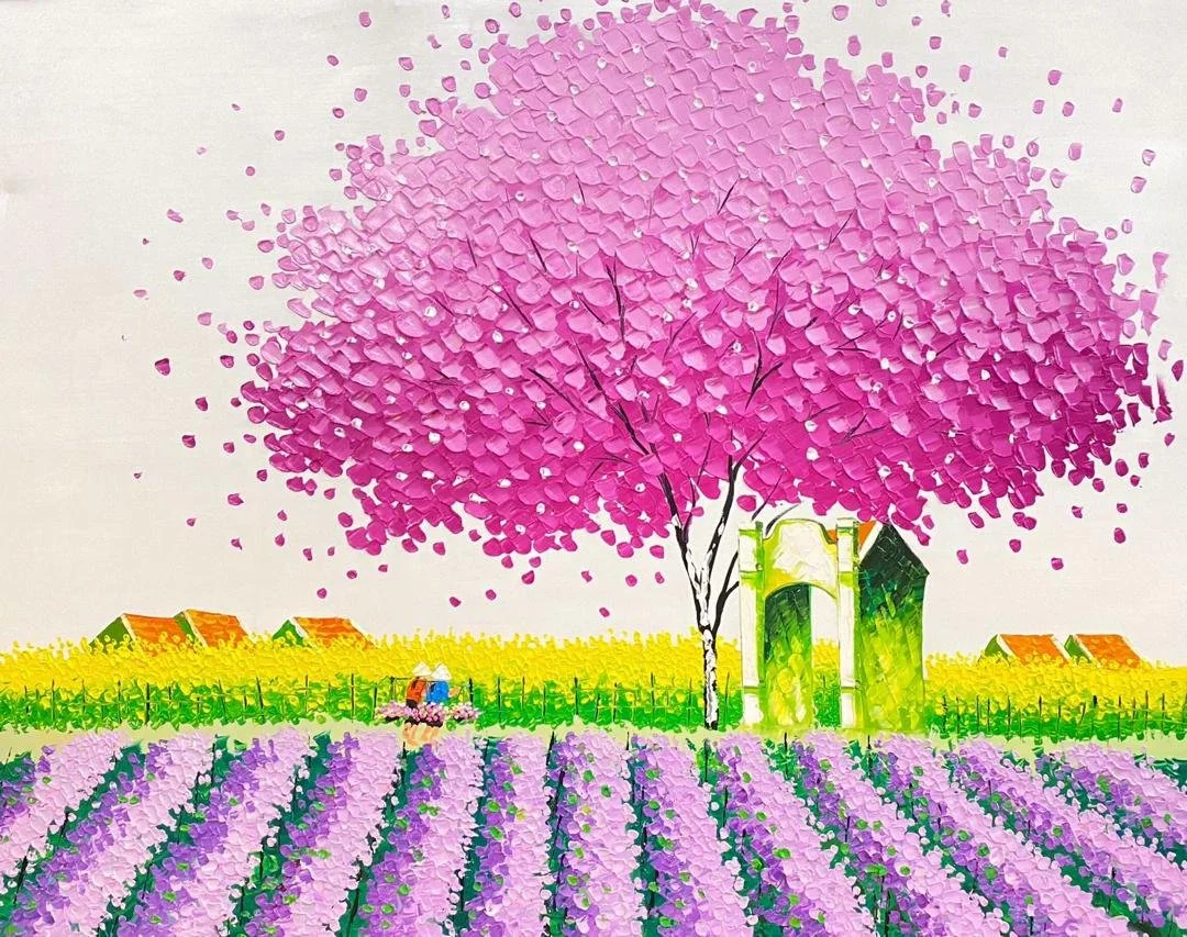 A colorful painting of a scenic countryside with a large pink flowering tree, purple and pink flowers in the foreground, yellow fields behind, small houses with orange roofs, and a stone archway in the background.