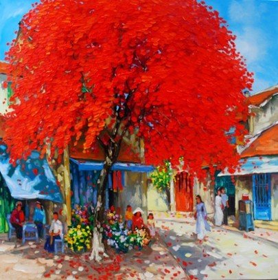 A vibrant street scene with a large red-orange tree, small shops, and people walking and sitting outdoors.