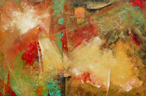 Abstract painting with warm colors, including red, orange, yellow, and green, featuring textured brushstrokes and blended shapes.
