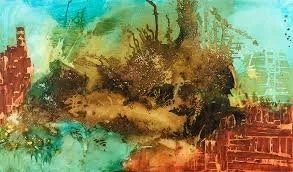 Abstract painting with green, brown, red, and blue colors and textured brushstrokes.