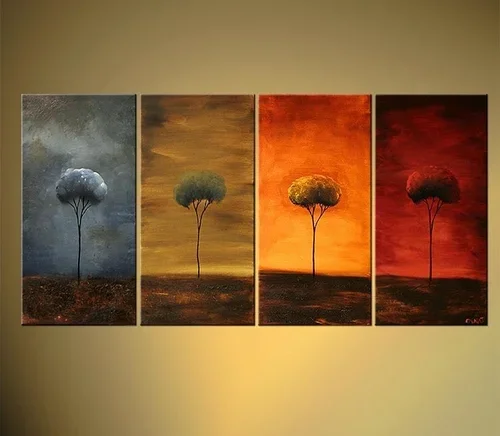 Four panels of artwork, each depicting a solitary tree against different background colors: grayish, brownish, orange, and red.