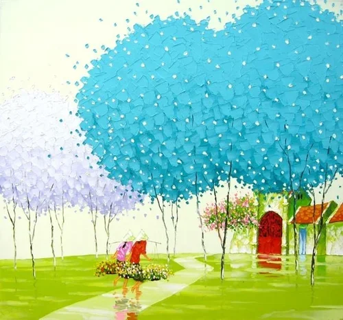 Watercolor painting of a park with tall trees in full bloom, a horse-drawn carriage with a person riding, and small houses in the background.