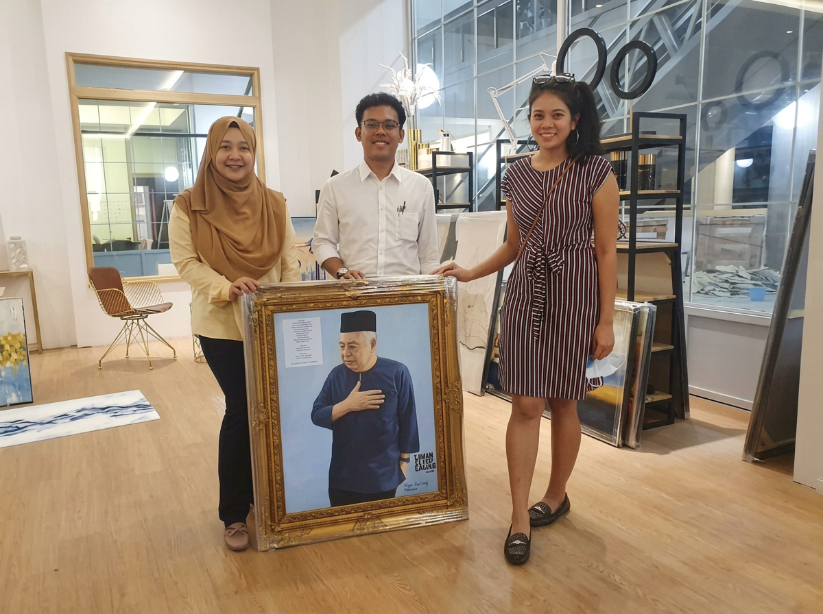 Three people standing in an art gallery next to a framed portrait of a man in traditional Malay clothing. The woman on the left is wearing a tan hijab and beige blouse, the man in the middle is wearing glasses and a white shirt, and the woman on the right is wearing a striped dress. They are all smiling and holding the frame.