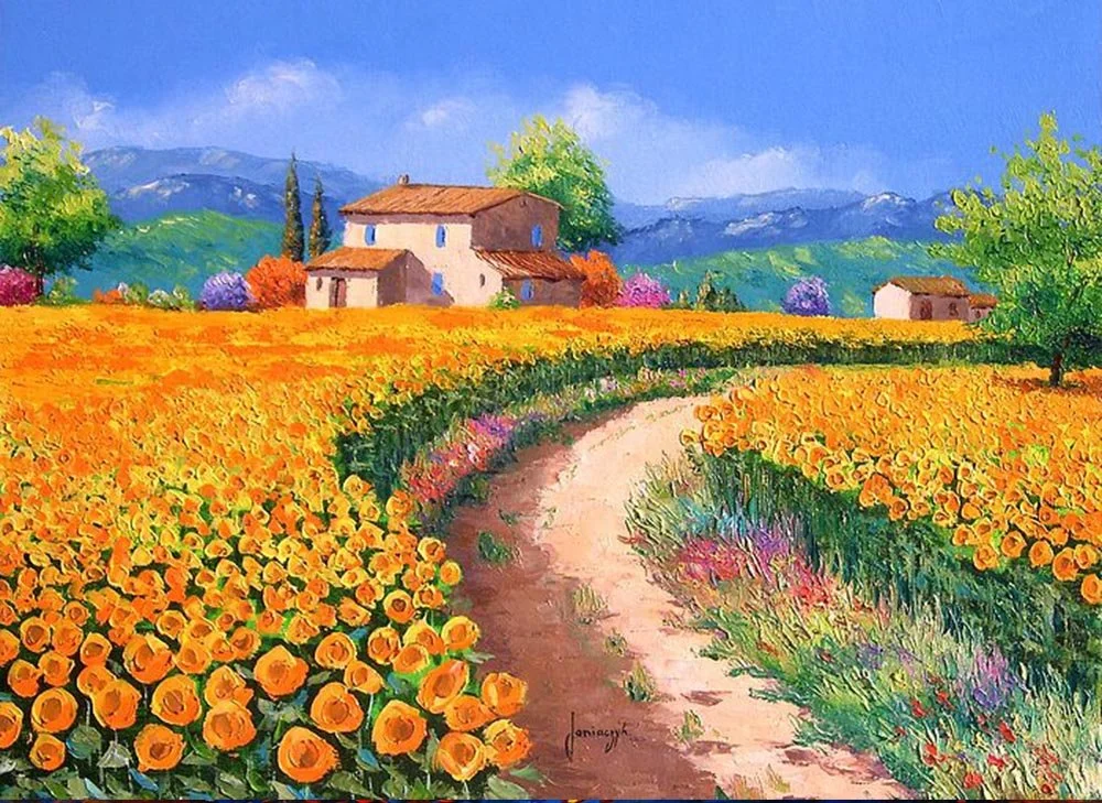 A colorful painting of a countryside scene with a path winding through a field of orange flowers towards a house with a red roof, surrounded by trees and distant mountains under a blue sky.