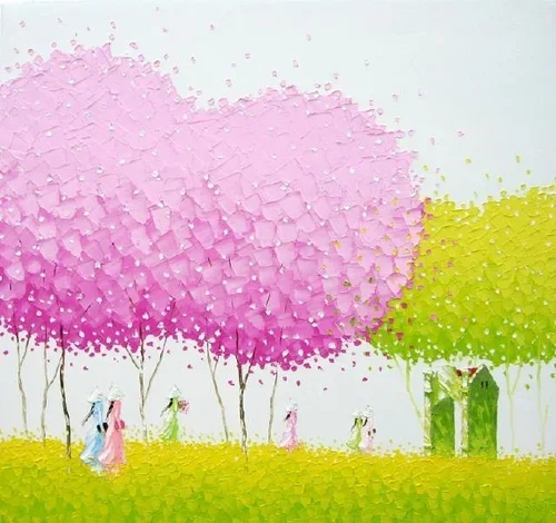 A watercolor painting of pink and green trees with people wearing traditional Asian clothing walking through a green field.