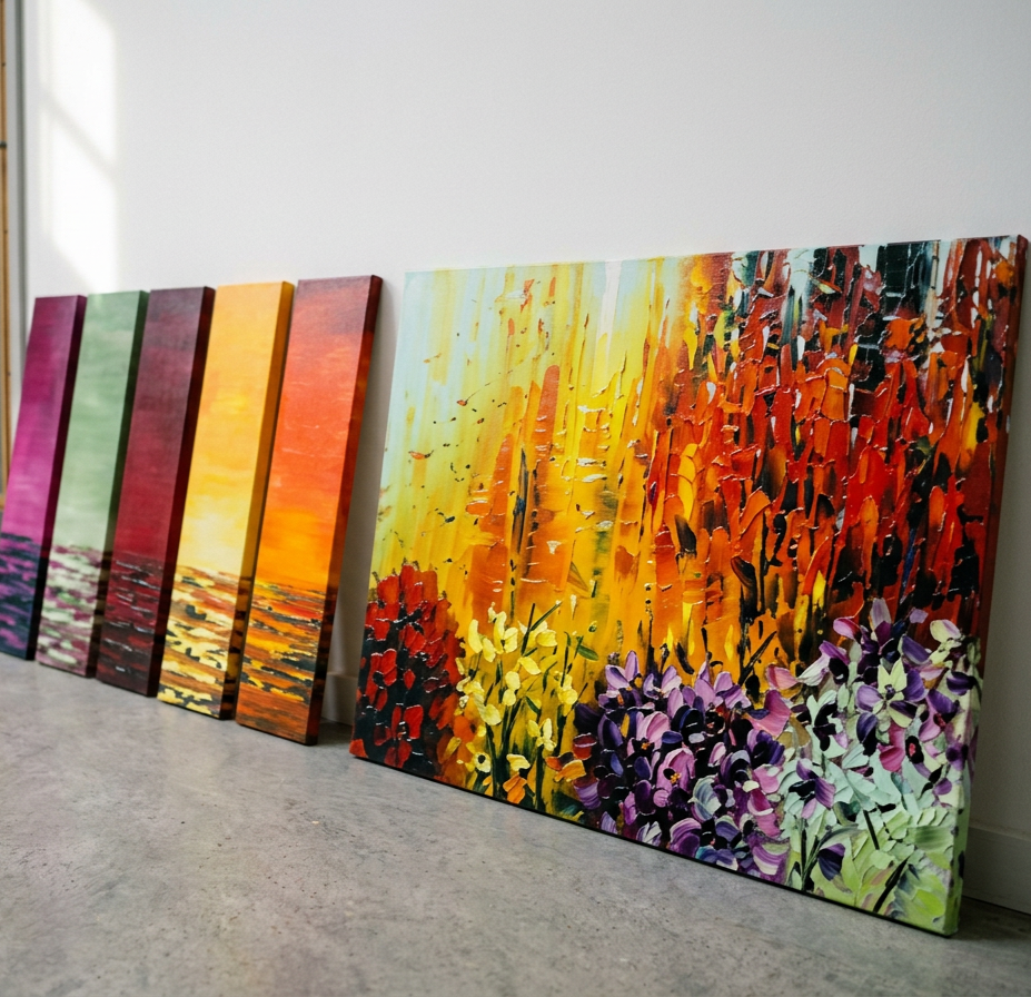 Series of colorful landscape paintings leaning against a white wall, featuring sunset scenes and vibrant floral landscapes.