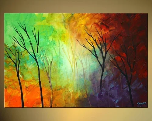 Abstract watercolor painting of leafless trees on a vibrant, multicolored background with shades of yellow, green, orange, red, and purple.