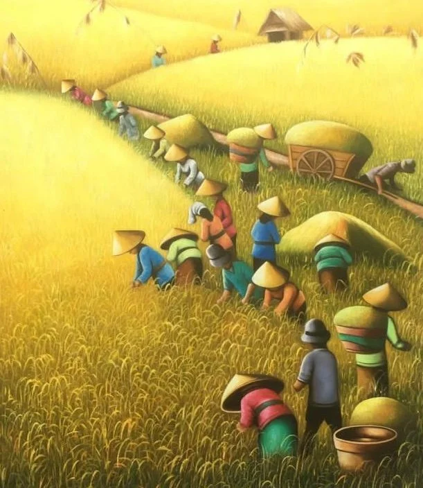 Illustration of farmers working in a golden rice field, wearing traditional conical hats, with a background of hills, other farmers, and small farm structures.