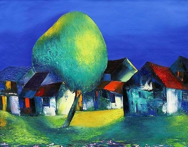 A painting of a rural scene with several small houses, a large green tree, and a vibrant blue sky.