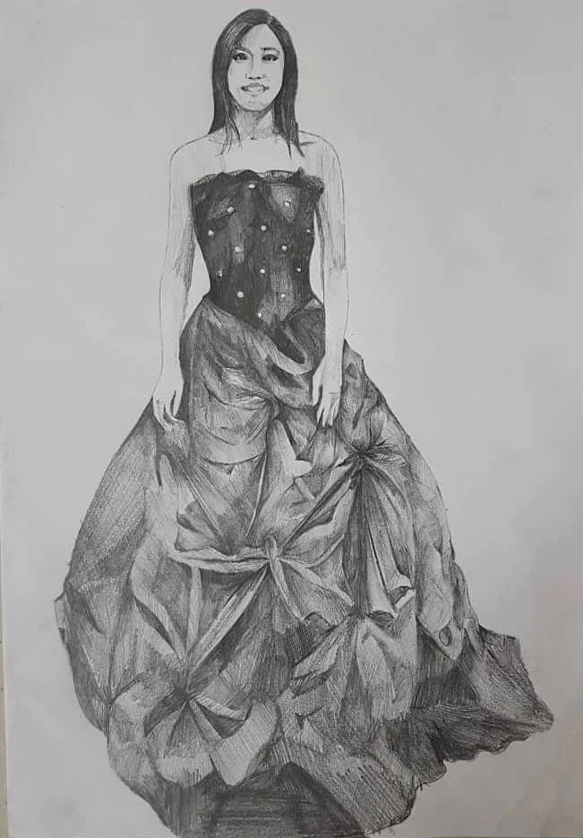 Hand-drawn sketch of a woman in an elaborate gown with a fitted bodice and a voluminous skirt.