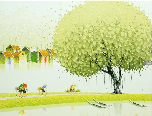 A watercolor painting of a large leafy tree near a river, with three people riding bicycles on a path and small houses in the background.