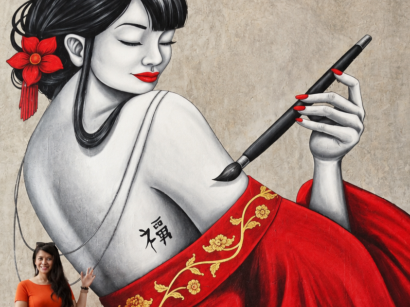 A woman painting a tattoo of a Japanese woman on her shoulder, with the tattoo depicted in a realistic style and the woman in the tattoo holding a brush.