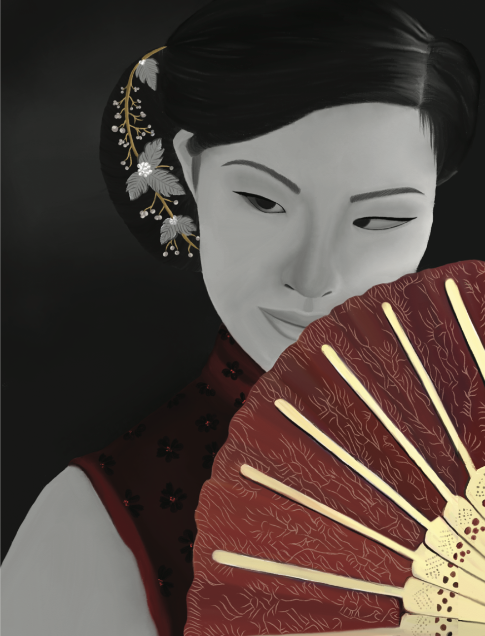 Close-up of a woman with traditional Asian hairstyle and makeup, holding a decorative red fan.