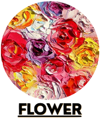 Abstract painting of colorful flowers in red, yellow, purple, and white with the word 'FLOWER' below.