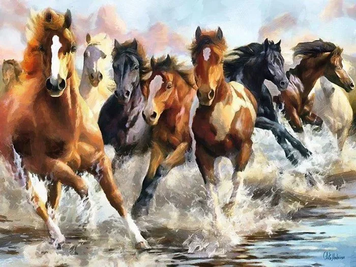 Painting of seven horses running through water, splashing.