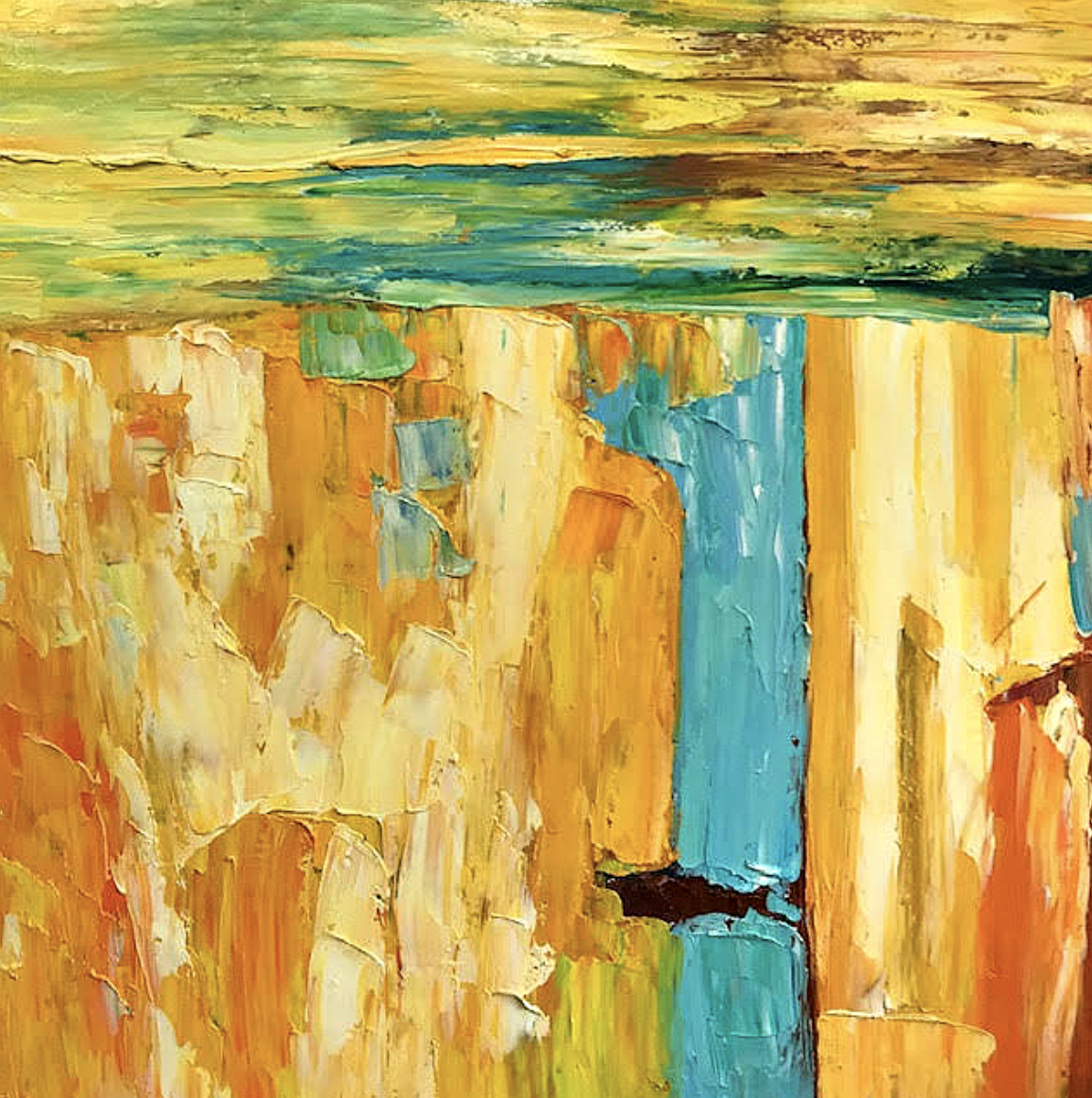 Abstract painting of cliffside landscape with green and yellow hues, blue water stream, and a layered sky.
