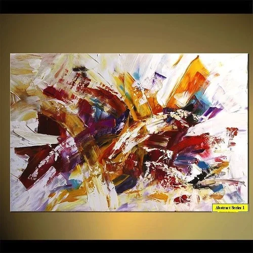 An abstract painting with bold, sweeping brushstrokes in colors like red, purple, yellow, white, and black, displayed on a wall with a label reading "Abstract Series 1."