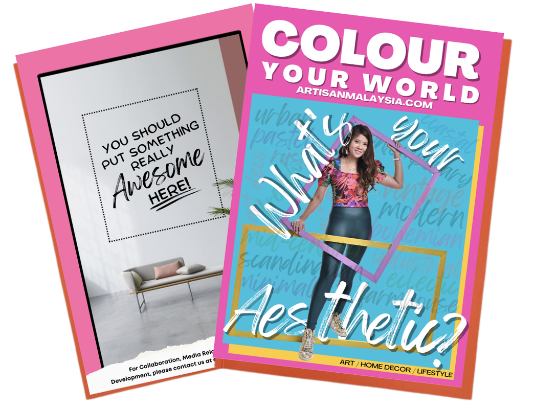 Colorful magazine cover titled "Colour Your World" featuring a young woman standing inside a purple square frame, wearing a colorful top and black pants. Background includes blue and yellow frames and handwritten text with words like "urban" and "modern."