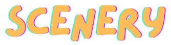Colorful text spelling 'SCENERY' with pastel shades of pink, orange, yellow, and green.
