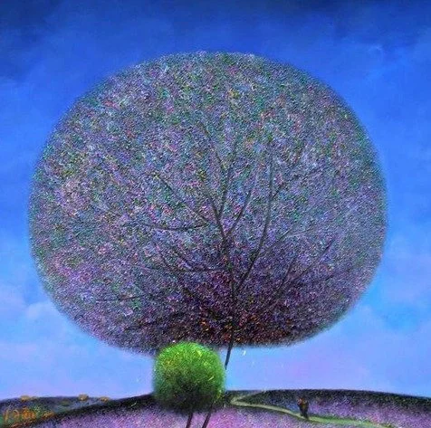 Painting of a tree with a round canopy and a small green bush at its base, against a blue sky