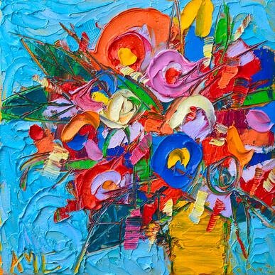 An abstract painting of a vibrant bouquet of flowers with bold, textured brushstrokes and a colorful background.