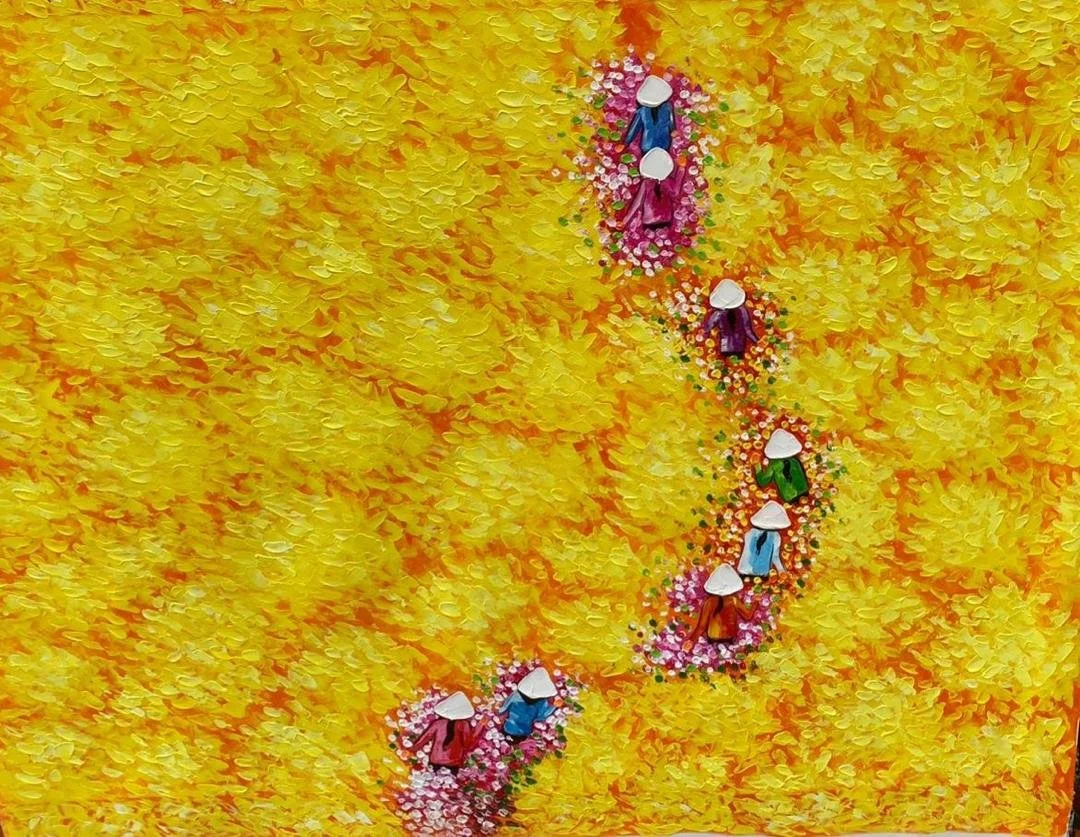 A field of bright yellow flowers with a winding path of five colorful women wearing traditional conical hats, each carrying a bouquet of flowers.